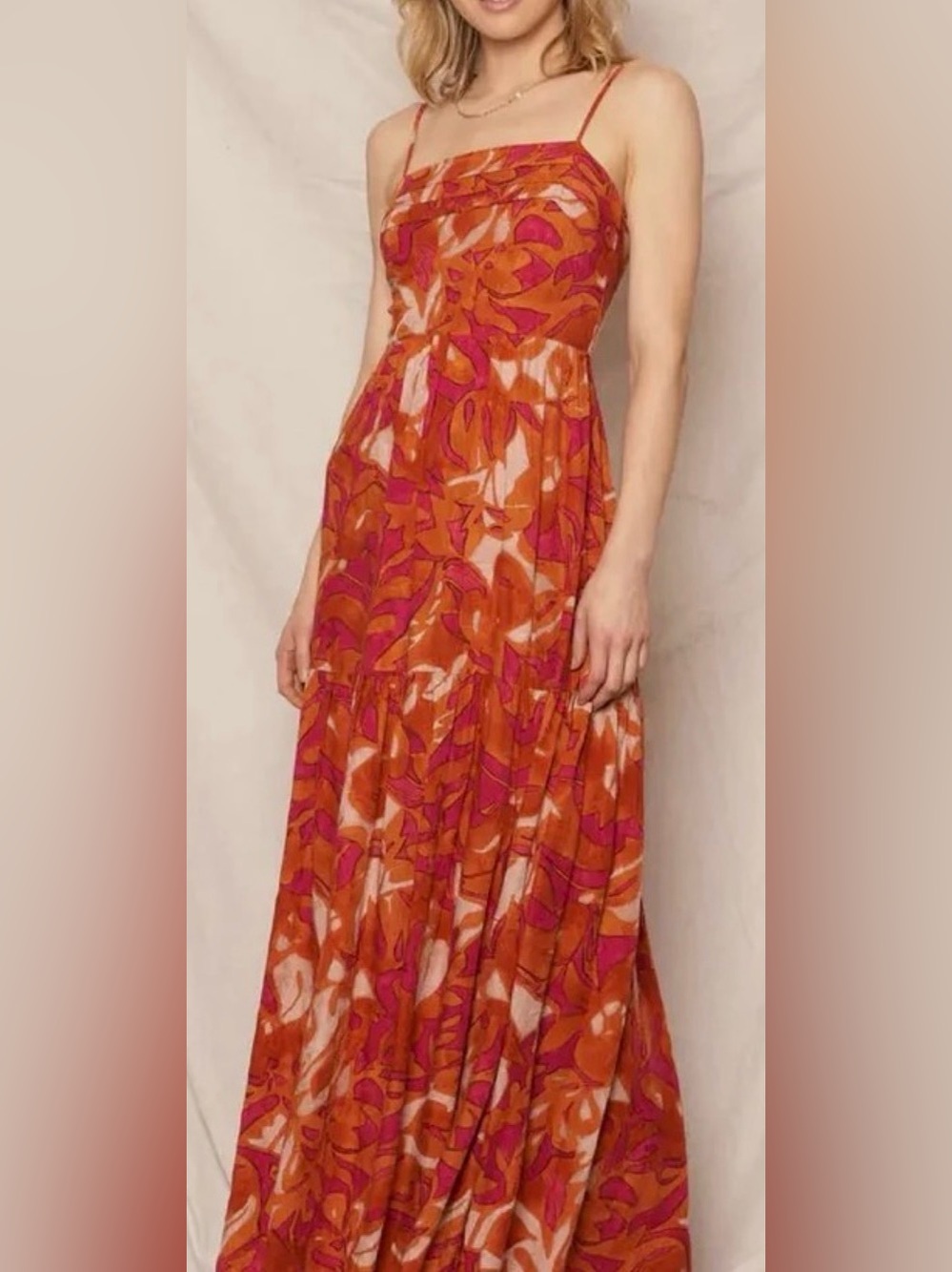 En Crème Spaghetti Strapped Back Smocked Print Maxi Dress in Burnt Orange: Large